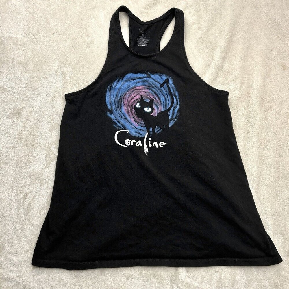 Coraline Women’s Tank Top Medium Black Long Flowy Cat Graphic Print Hot Topic